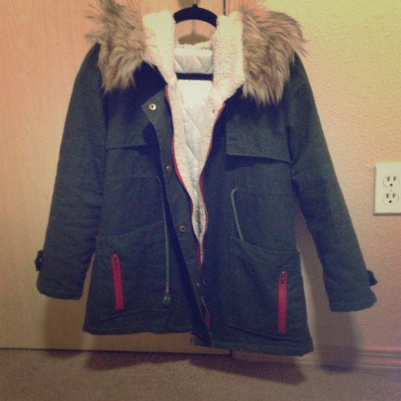 Army Green  Drawstring Pocket Coat with Fur Hood - Picture 1 of 4