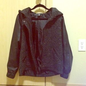 Black Wool Blend Coat with Leather Sleeve