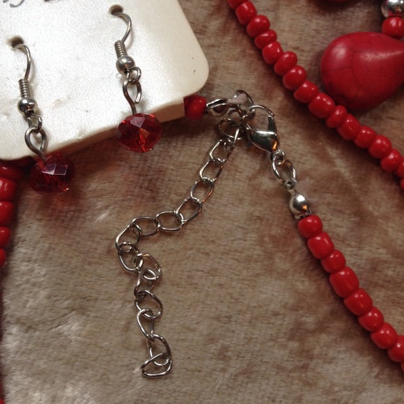 HPRed coral look stone necklace silvertone set - Picture 4 of 4