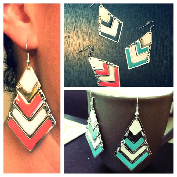 Silver Chevron Dangle Earrings - Coral Color Only