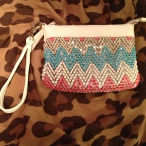 Coral blue and tan wristlet