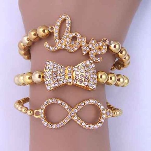 Sparkly Gold Love, Infinity, & Bow Bracelet Set