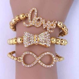 Sparkly Gold Love, Infinity, & Bow Bracelet Set