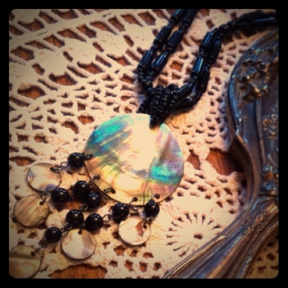 Long BOHOchic Indie abalone shell glass necklc/set