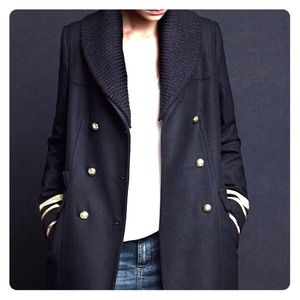 Zara navy blue military coat with knit collar