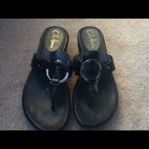 Cole Haan Black patent leather thong wedge sandals