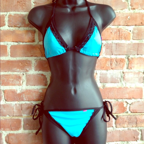Teal bikini with black lace