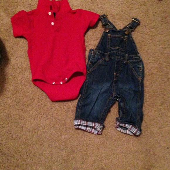 *BUNDLE* jean overalls and red collard shirt - Picture 1 of 3