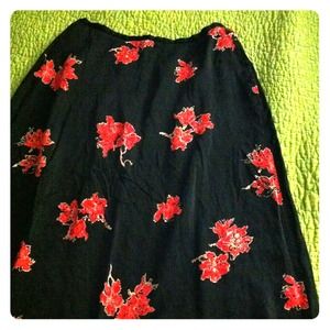 SOLD!! Long black silk skirt with floral print