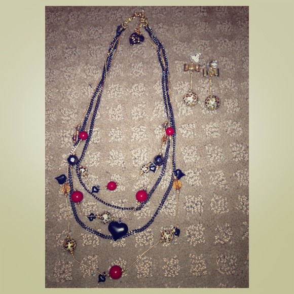 Betsy Johnson Leopard/Heart Necklace & Earring Set