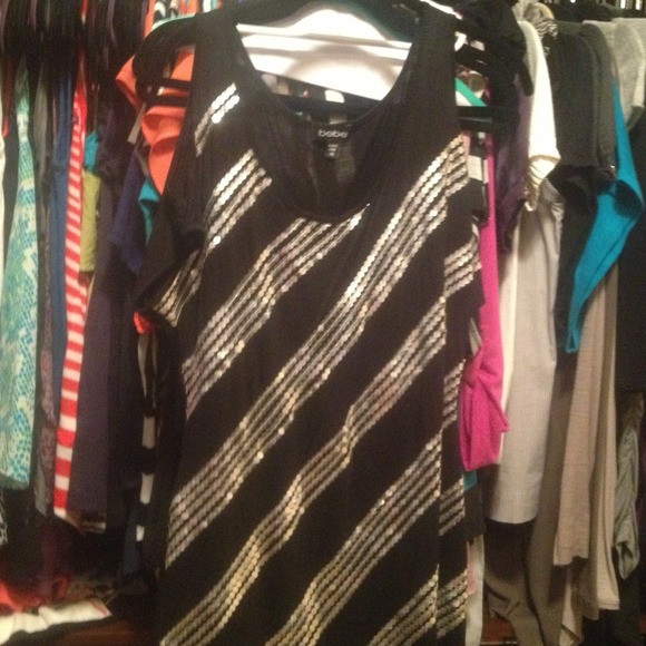 Black and silver sequin bebe top