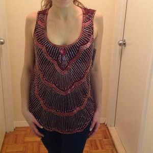 Burgundy/ Sequin and sheer jeweled top