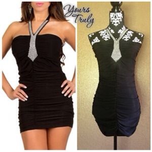 Black halter top mini dress with rhinestones