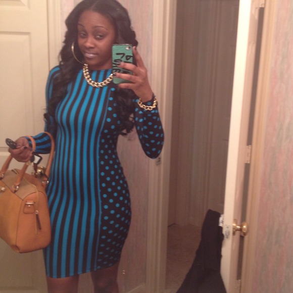 Dresses & Skirts - Long sleeve turquoise stripe and polka dot dress