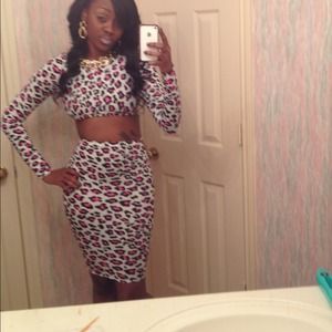 Hot pink leopard two piece skirt set