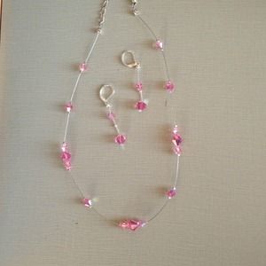 Pink crystal beaded necklace and earring set