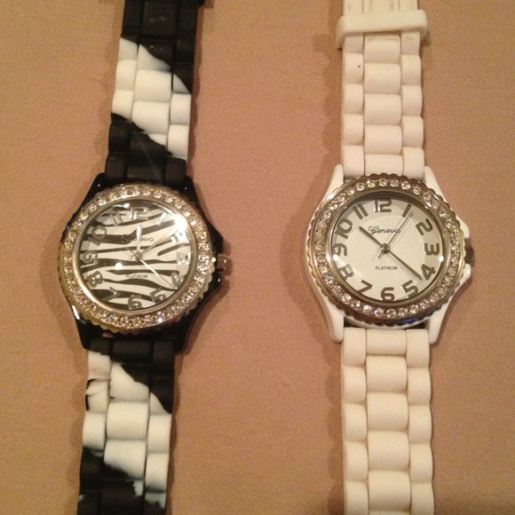 2 Geneva watches, white and zebra w/ stones - Picture 1 of 2