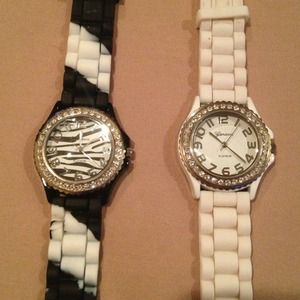 2 Geneva watches, white and zebra w/ stones