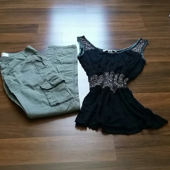 American Rag Outfit Black Top & Green Cargo Pants