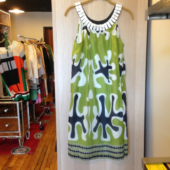 Anne Klein Sz 4 Shell Collar Green Print Dress