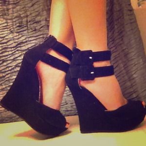 Black Double Ankle Strap Peeptoe Wedges