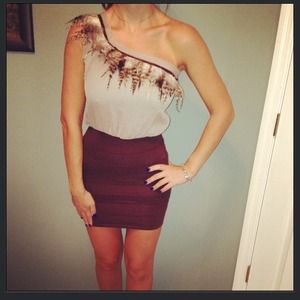 Brown/beige one shoulder dress with feather detail