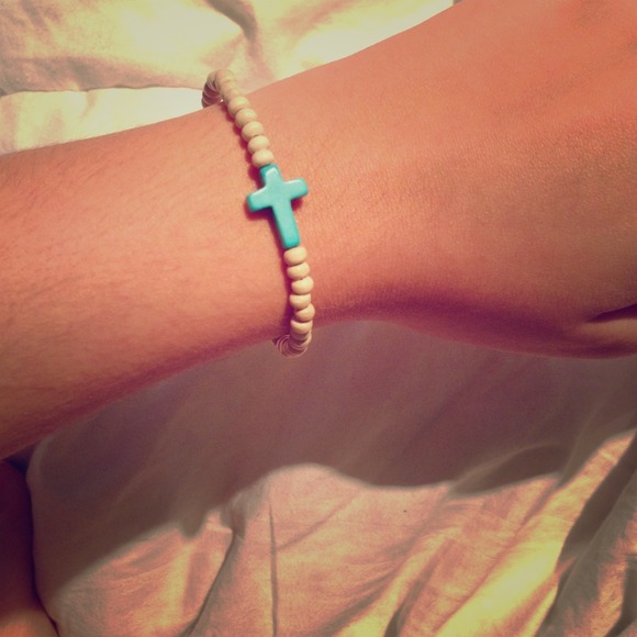 Simple wooden aqua cross bracelet