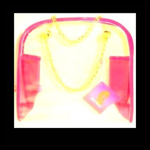 A clear bag with pink trim