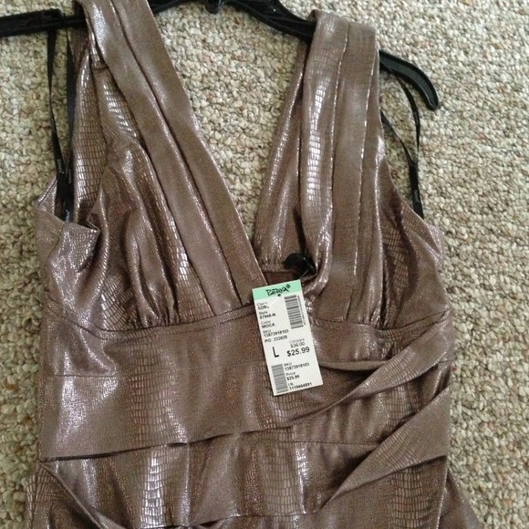 Mocha shiny mid thigh strapped dress from Papaya!