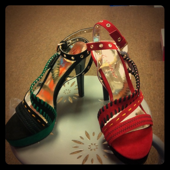 Red and black and green Nicole Lee strap heel