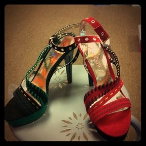 Red and black and green Nicole Lee strap heel