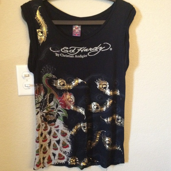 Ed Hardy golden feather black top - Picture 1 of 2