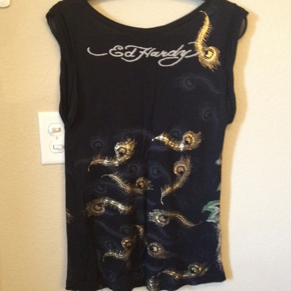 Ed Hardy golden feather black top - Picture 2 of 2