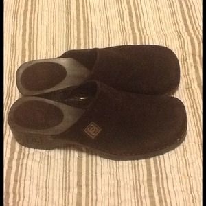 CHANEL Brown Suede Leather Wooden Mules Slip Ons