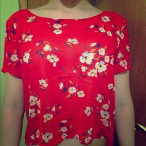 Flowery, red sheer shirt. Never worn.