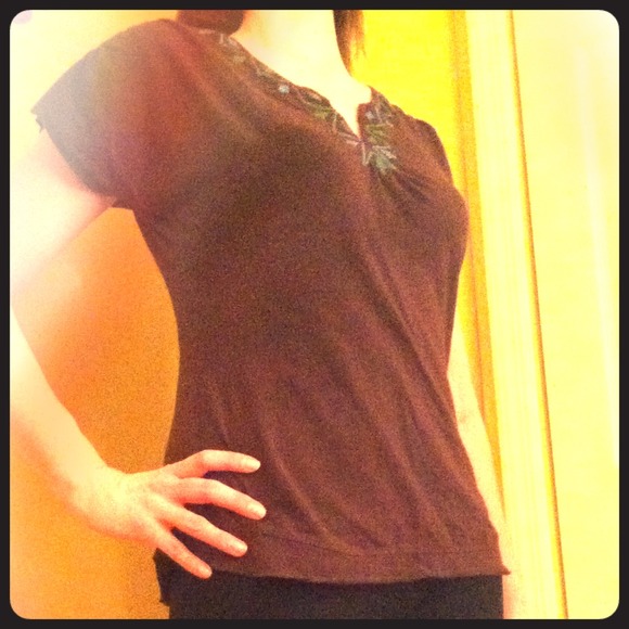 Brown embroidered v neck tee