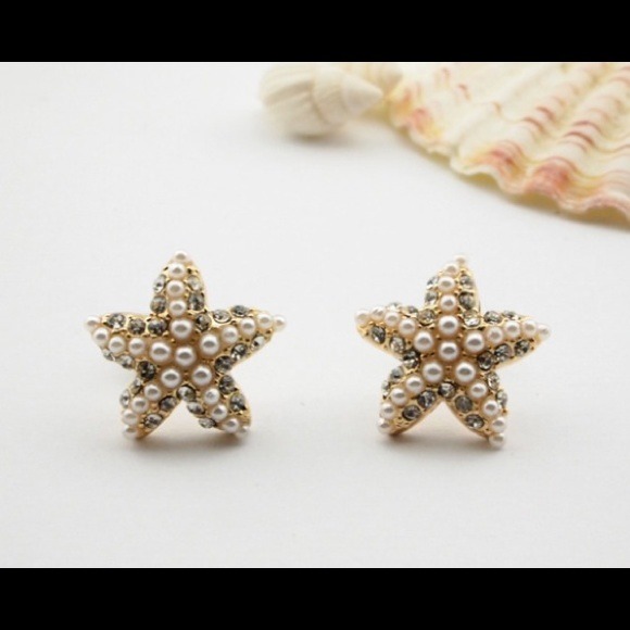 Rhinestone Pearl Bead Gold Starfish Stud Earrings