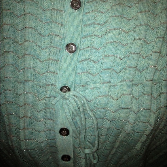 SOLDteal/sparkly DKNY light sweater; 3/4 sleeve