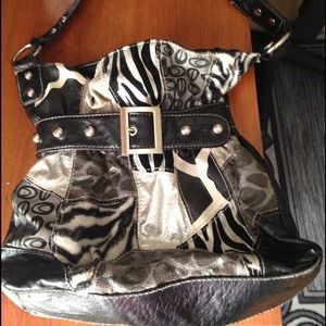 Black leather animal print floppy purse