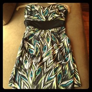 Peacock print strapless dress