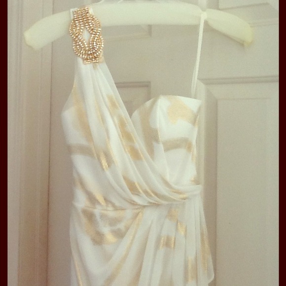 Floor length white and gold one shoulder dress.