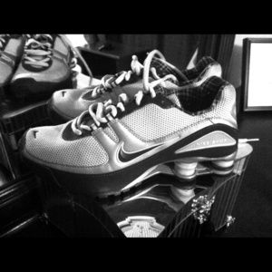 Pink, taupe, and brown Nike shox