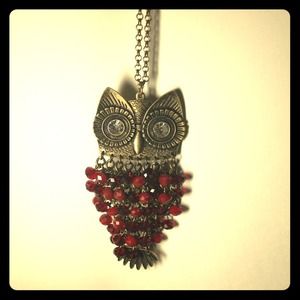 ADORABLE❤Dark gold & red bead OWL Pendant Necklace
