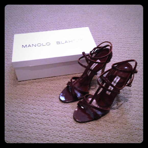 Manolo Blahnik wine stiletto sandals.