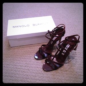 Manolo Blahnik wine stiletto sandals.
