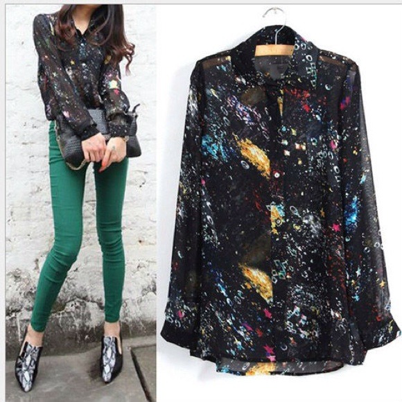🎉HOST PICK🎉New galaxy black chiffon shirt M