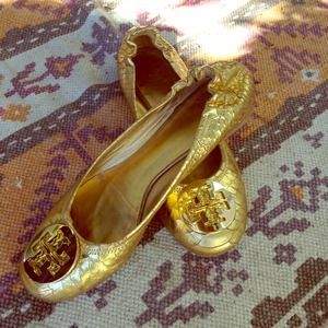 Tory Burch Reva Snakeskin Gold Flats