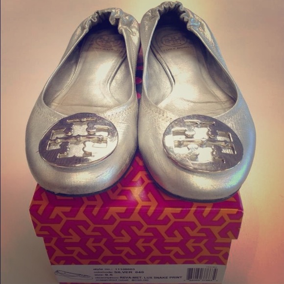 Tory Burch Reva silver flats also in black