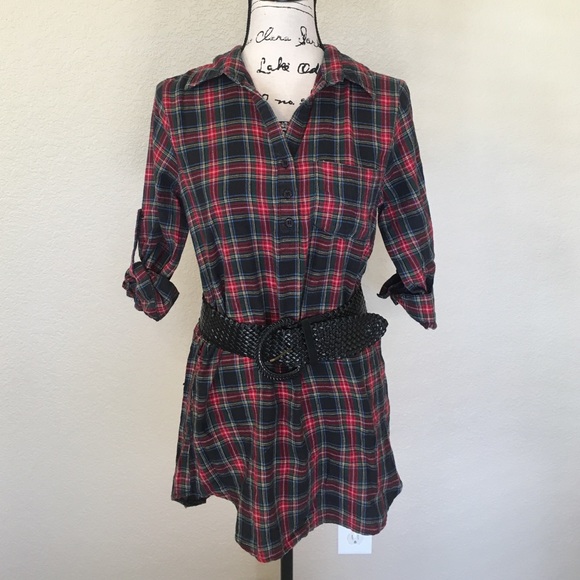 Forever 21 Tops - Plaid shirt with belt and three quarter sleeves