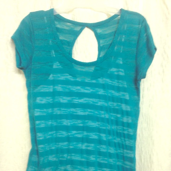 Blue-green sheer stripped top, white tank attached - Picture 1 of 4